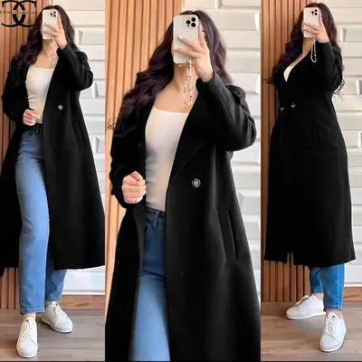 Stylish Black Fleece Overcoat - Women's Winter Coat