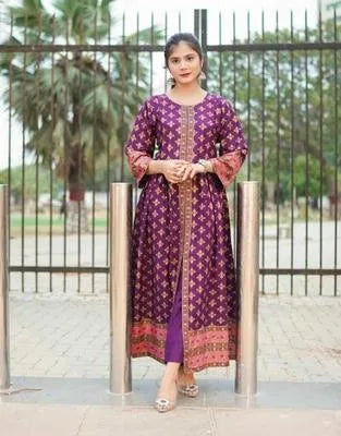 Stylish Printed Silk Frock and Trouser Set for Women