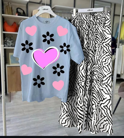 Turquoise Jersey Printed Night Suit for Women - 2 Piece Set