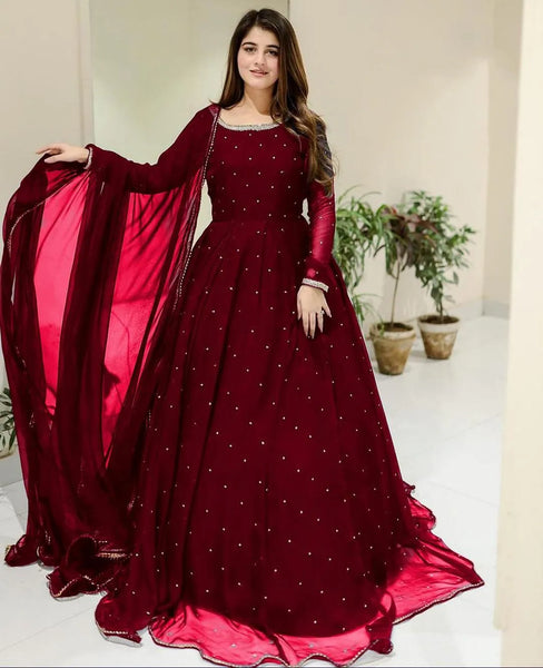 Elegant Maroon Chiffon Embroidered Maxi Suit - 3 Piece Set