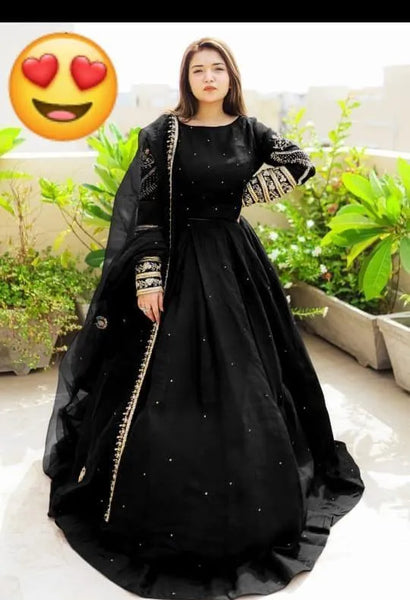 Elegant Black Shamoz Silk Embroidered Lehenga Choli Set