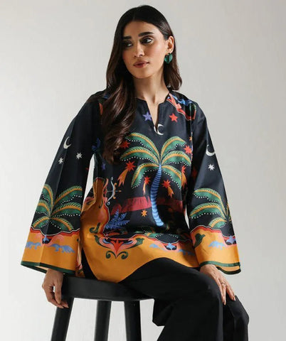 Elegant Black Digital Print Lawn Top for Women