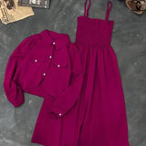 Trendy 2 Piece Women's Linen Dress Set in Pink - U-Neck Design