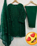 Elegant Green Organza Embroidered 3 Piece Women's Suit Set