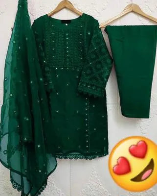Elegant Green Organza Embroidered 3 Piece Women's Suit Set