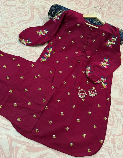 Elegant Maroon Linen Embroidered 2 Piece Women's Outfit