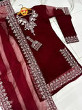 Elegant Maroon 3 Piece Organza Embroidered Suit for Women