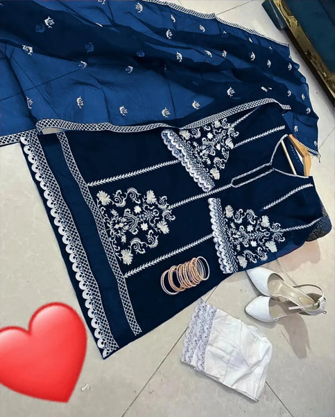 Elegant Blue Organza Embroidered 3 Piece Women's Suit