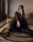 Elegant Black Chiffon Maxi Dress with Trouser Set for Women