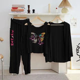 Elegant Black Jersey Printed 3-Piece Women's Night Suit