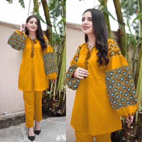 Stunning Yellow Linen Embroidered 2 Piece Women's Suit