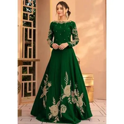 Elegant Green Shamoz Silk Embroidered Maxi Dress for Women