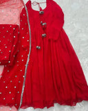 Elegant Red Chiffon Embroidered Maxi Suit for Women