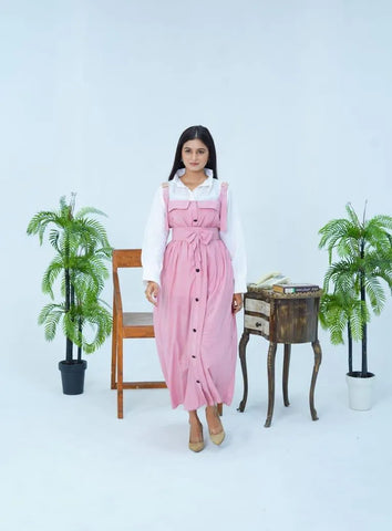 Stylish Pink Linen Dress & Blouse Set for Women - 2 Piece Fashion