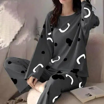 Elegant Grey Jersey Printed 2 Piece Women's Night Suit