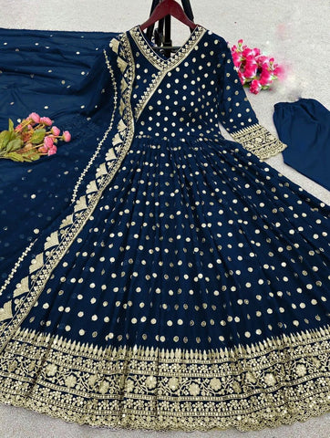 Elegant Blue Chiffon Embroidered Maxi and Trouser Set - 3 Pcs