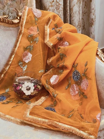 Elegant Orange Organza Dupatta with Hand Work - Unique Design