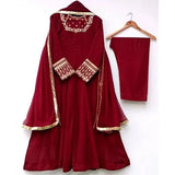 Elegant Maroon Chiffon Embroidered Maxi & Trouser Set - 3 Pcs