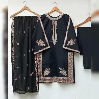 Elegant Black Shamoz Silk Embroidered 3 Piece Suit for Women