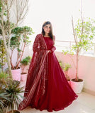 Elegant Maroon Chiffon 3 Piece Replica Frock Set for Women