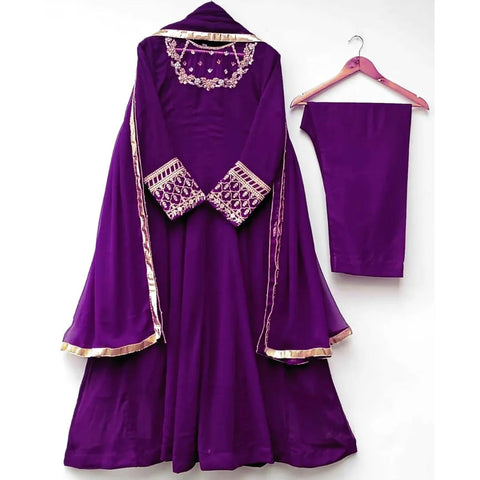 Elegant Purple Chiffon Embroidered Maxi with Trouser & Dupatta