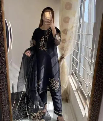Elegant Black Organza Sequins Embroidered 3 Piece Suit for Women