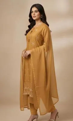 Elegant Mustard Wool Three-Piece Women's Stitched Suit with Embroidery