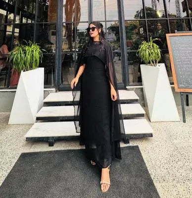 Elegant Black Chiffon Maxi Dress for Women - Plain Design