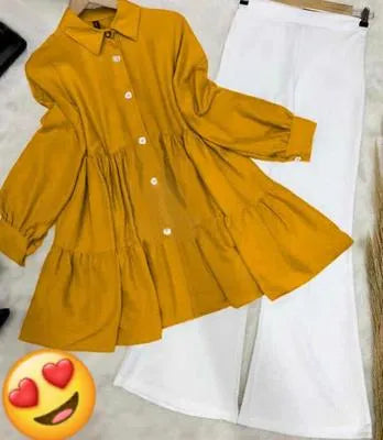 Mustard Linen 2 Piece Women's Shirt and Trouser Set