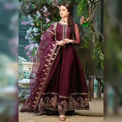 Elegant Maroon 3 Piece Women's Stitched Chiffon Frock Set