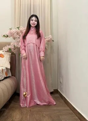 Elegant Pink Diamond Applique Maxi Dress Set for Women