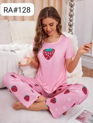 Stylish Pink Jersey Printed 2 Piece Women's Night Suit