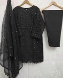 Elegant Black 3 Piece Women's Organza Embroidered Suit Set