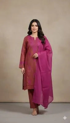Exquisite Maroon Embroidered Linen Suit - 3 Piece Set