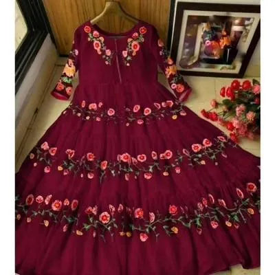 Elegant Maroon Chiffon Embroidered Maxi Dress for Women