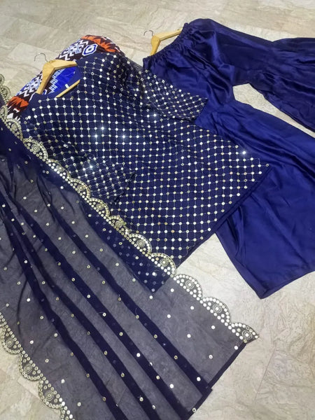 Elegant Blue Chiffon Embroidered 3 Piece Women's Suit