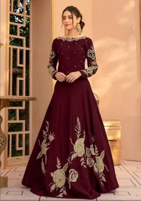 Elegant Maroon Silk Embroidered Maxi Dress for Women