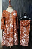 Elegant Brown Linen Block Printed 2 Piece Frock & Trouser Set