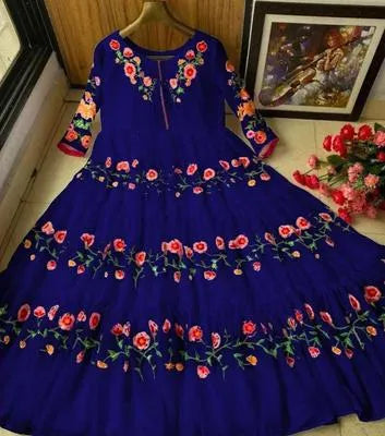 Elegant Blue Embroidered Chiffon Maxi Dress for Women