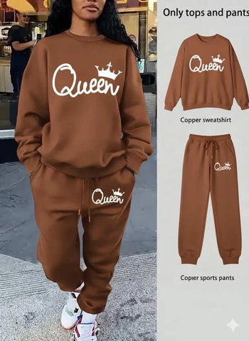 Brown Fleece Printed 2 Piece Women's Track Suit - Stylish & Comfortable