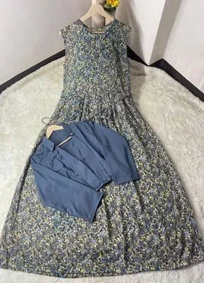 Elegant Blue Printed Georgette Maxi and Jacket Set for Women