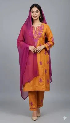 Stylish Women's 3 Piece Linen Embroidered Suit in Vibrant Orange