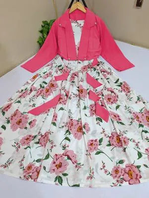 Elegant Pink Silk Printed Maxi Dress with Jacket for Women