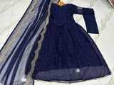 Elegant Blue Chiffon Maxi Dress with Trouser & Dupatta - 3 Pcs Set
