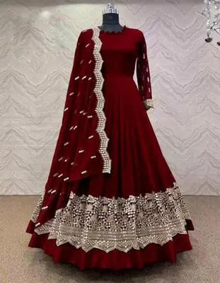 Elegant Maroon Shamoz Silk Embroidered Maxi Suit for Women