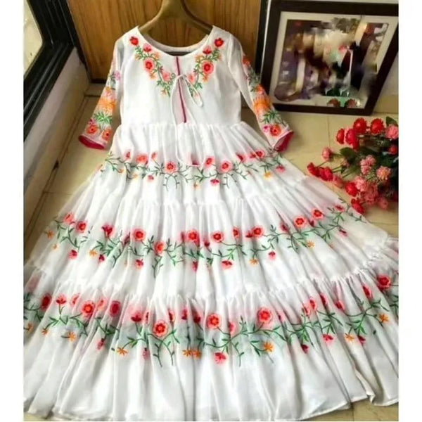 Elegant White Chiffon Embroidered Maxi Dress for Women