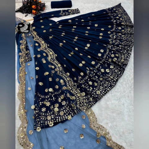 Elegant Blue Shamoz Silk 3-Piece Embroidered Maxi Set