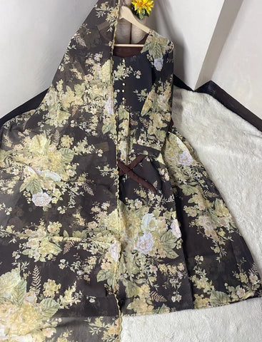 Stunning Black Printed Chiffon Maxi Dress with Dupatta - 2 Pcs Set