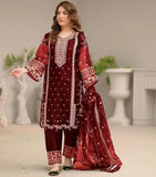 Elegant Maroon Organza 3 Piece Embroidered Suit for Women