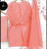Peach Embroidered Organza 3 Piece Women's Suit Set
